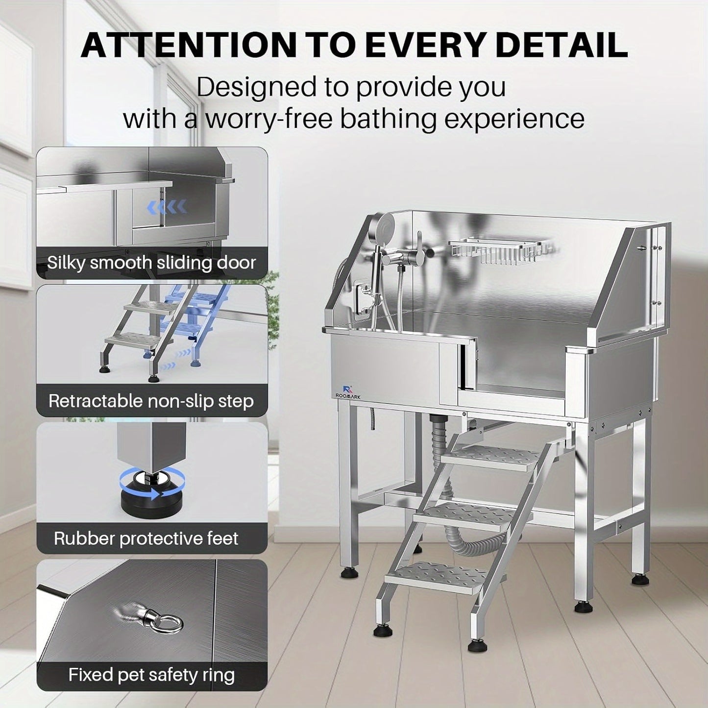 34" Stainless Steel Dog Washing Station with Sliding Door, Steps, Faucet & Sprayer – Easy-Access Bathtub for Small to Medium Pets, Max 110LB Capacity, Right Door Entry, Durable & Easy to Clean, Home Pet Care | Sliding Door