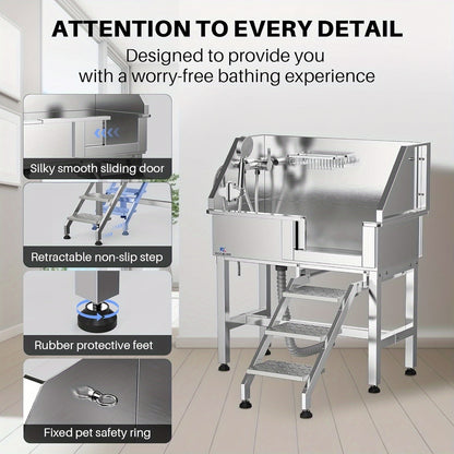 34" Stainless Steel Dog Washing Station with Sliding Door, Steps, Faucet & Sprayer – Easy-Access Bathtub for Small to Medium Pets, Max 110LB Capacity, Right Door Entry, Durable & Easy to Clean, Home Pet Care | Sliding Door