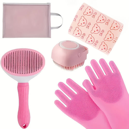 5pcs Dog Grooming Bath Set - Stainless Steel Shampoo Brush, Soft Rubber Washing Gloves, Hair Removal Slider for All Breeds, Pet Care Essentials