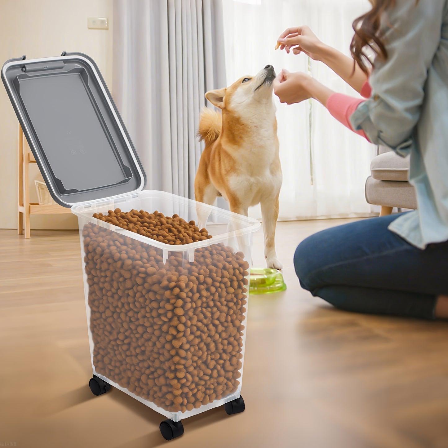 30LBS & 11LBS Large Pet Food Storage Bin with Locking Lid & 4-Wheel Mobility - Heavy-Duty Clear Square Container with Black Base, Spill-Proof Design for Dogs, Cats, Birds - Easy-Clean Durable Plastic Food Dispenser with 2 Cup