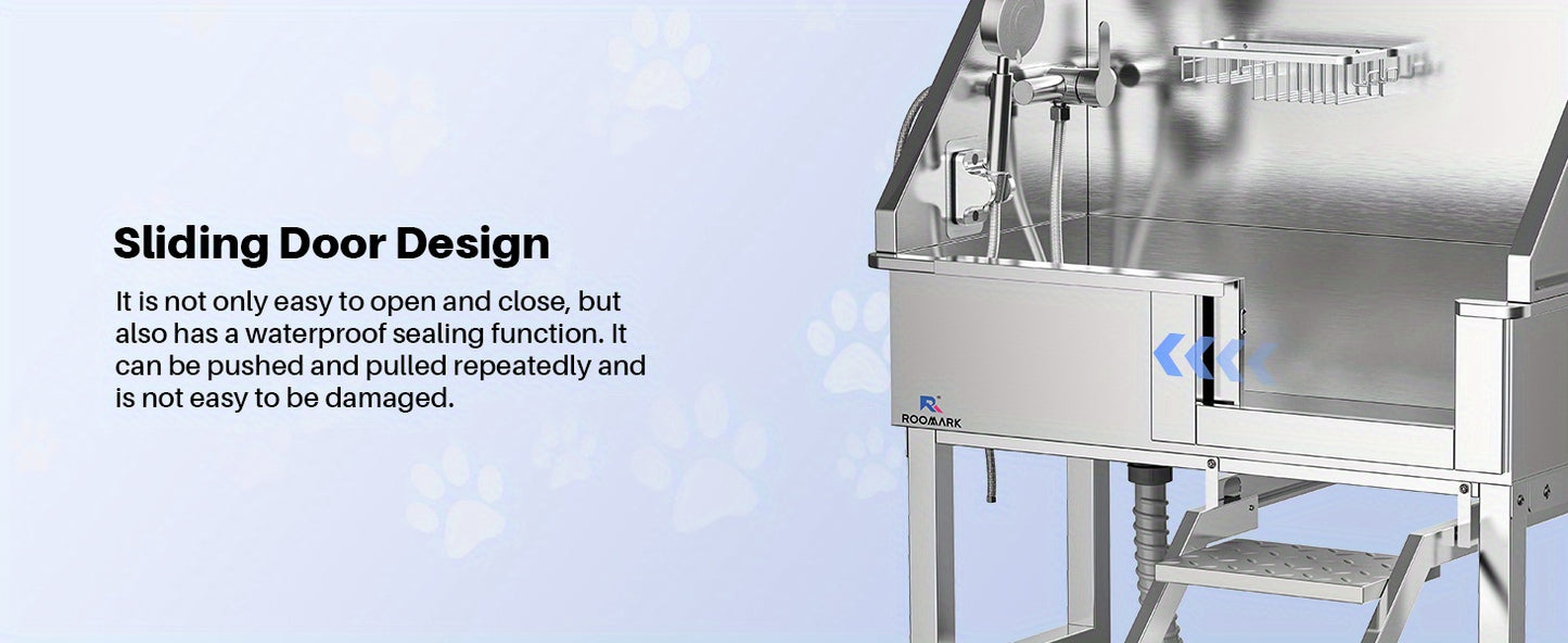 34" Stainless Steel Dog Washing Station with Sliding Door, Steps, Faucet & Sprayer – Easy-Access Bathtub for Small to Medium Pets, Max 110LB Capacity, Right Door Entry, Durable & Easy to Clean, Home Pet Care | Sliding Door