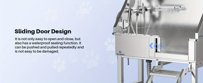 34" Stainless Steel Dog Washing Station with Sliding Door, Steps, Faucet & Sprayer – Easy-Access Bathtub for Small to Medium Pets, Max 110LB Capacity, Right Door Entry, Durable & Easy to Clean, Home Pet Care | Sliding Door