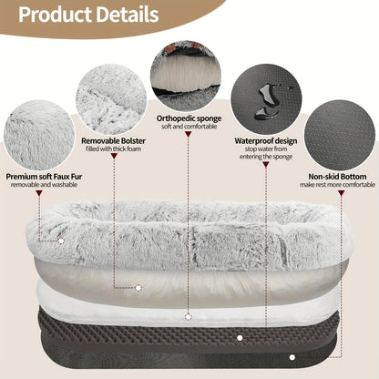 71"x45"x12" Orthopedic Dog Bed for Humans & Pets - Washable Faux Fur Oval Pet Bed with Plush Pillow & Strap, No Assembly Needed, Durable Polyester, Gray - Medium Dogs, Cozy Nap & Resting Spot, Pet Bed for Dogs, Cozy Home Deco