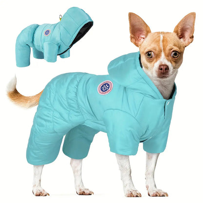 Windproof Thermal Winter Dog Onesie with Hood - Lightweight Warm Pet Suit for Small & Medium Dogs, Easy Snap Button Closure, Machine Washable Cold Weather Clothing for Chihuahuas, Pomeranians, Shih Tzus - Indoor/Outdoor Use,