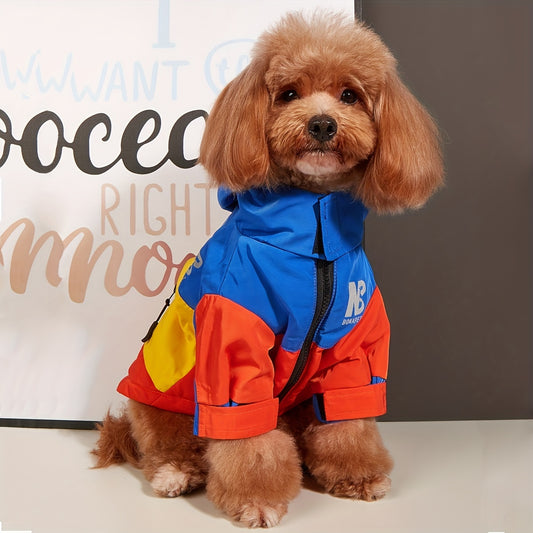 Colorful Waterproof Pet Jacket for Medium/Large Dogs - Durable 100% Polyester, Easy-Zip Closure with Hood, "MB" Design - Ideal for Outdoor Adventures, Dog Raincoat Waterproof