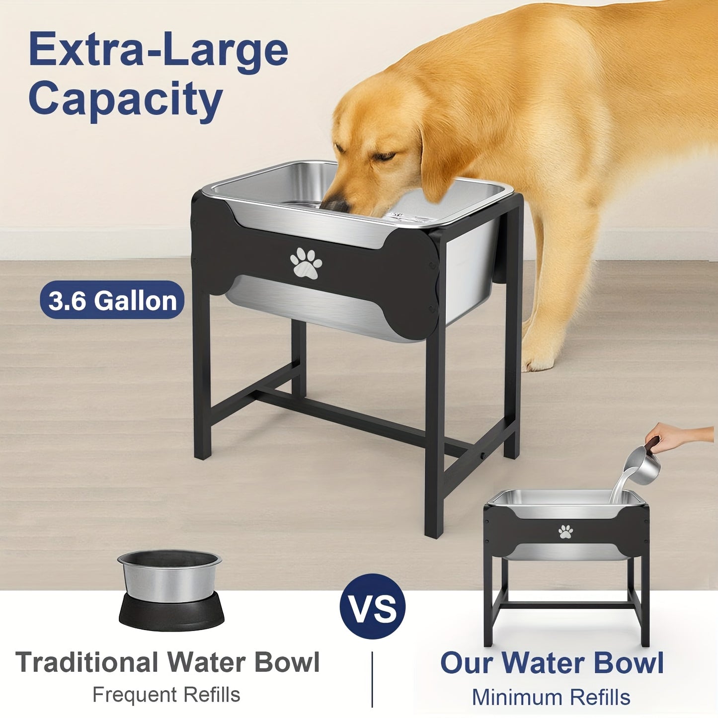 Upgraded Heavy-Duty Elevated Large Dog Water & Bowl - 3.6 Gallon Stainless Steel Feeding Station with Low-Slung Neck, Sturdy Metal Frame for Mastiff, German Shepherd,, Newfie - Indoor/Outdoor Use, Design, Water Bowls For Larg