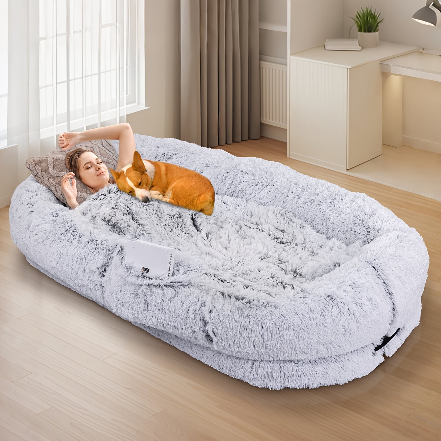 71"x45"x12" Orthopedic Dog Bed for Humans & Pets - Washable Faux Fur Oval Pet Bed with Plush Pillow & Strap, No Assembly Needed, Durable Polyester, Gray - Medium Dogs, Cozy Nap & Resting Spot, Pet Bed for Dogs, Cozy Home Deco