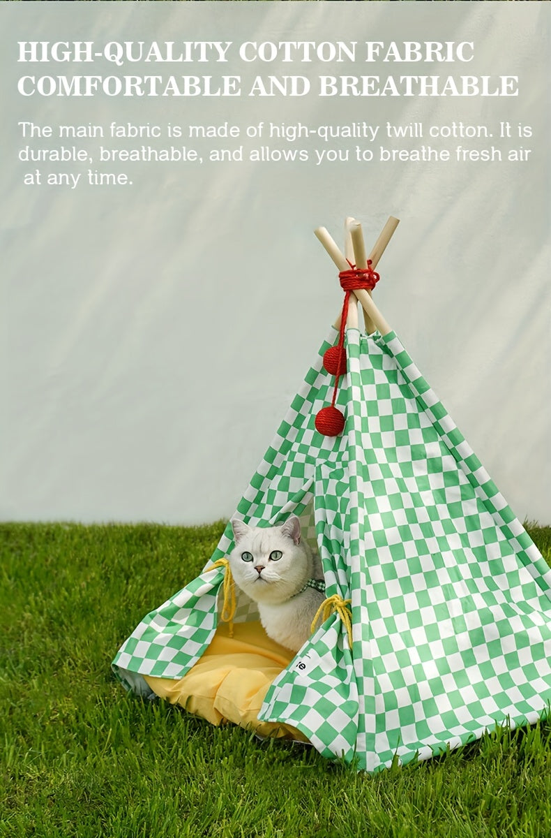 Zeze Cute Pet Tent Pet House Cat Nest Semi-closed Detachable Washable Mat Cat Bed Four Seasons Universal Cat Bed With Checkerboard Pattern