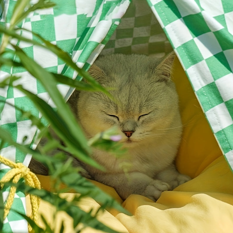 Zeze Cute Pet Tent Pet House Cat Nest Semi-closed Detachable Washable Mat Cat Bed Four Seasons Universal Cat Bed With Checkerboard Pattern