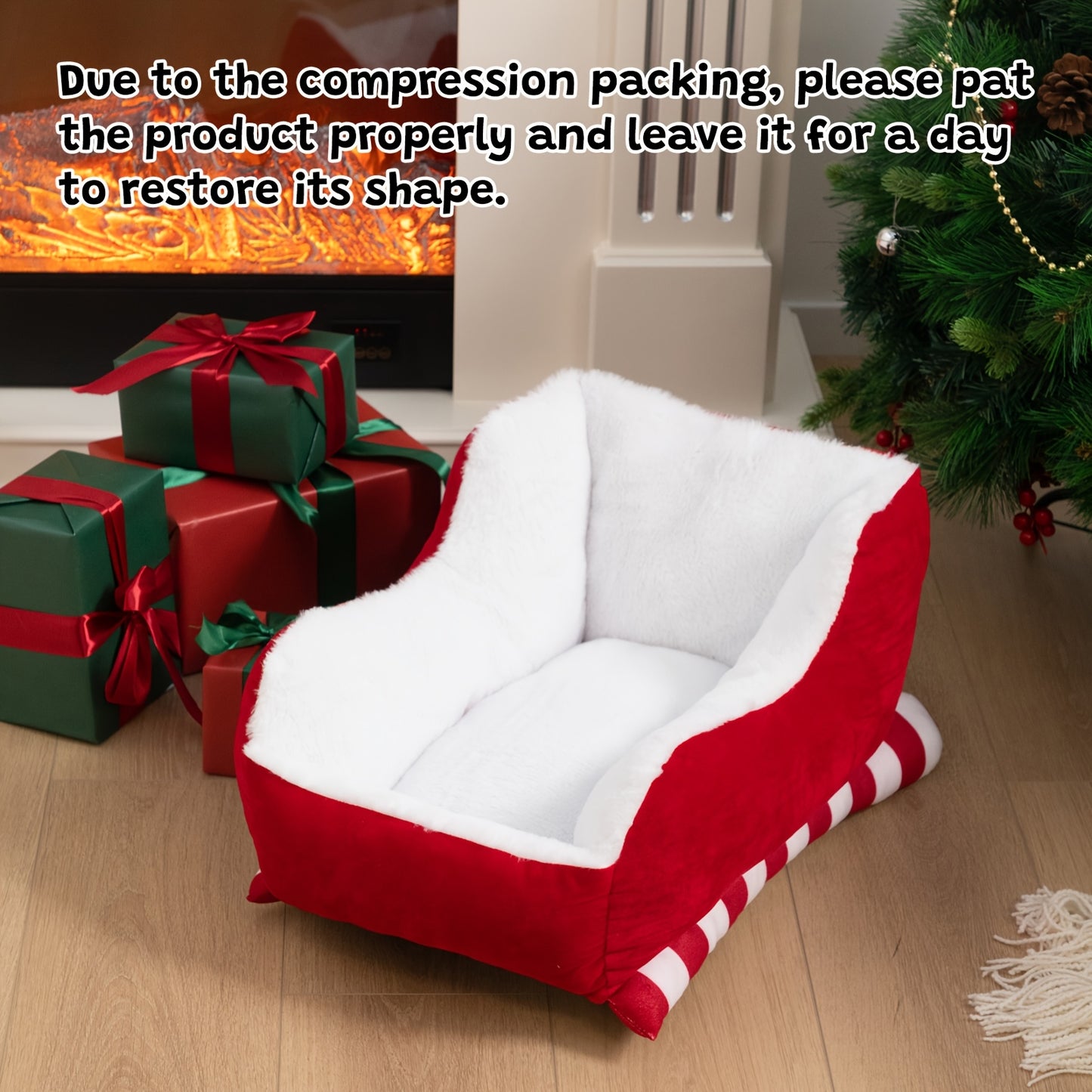 Christmas Sleigh Pet Bed - Red Velvet & Faux Fur, Breathable Soft Puppy & Kitten Bed with Santa Hat Design, Washable & Durable for Indoor/Outdoor Use - Perfect Holiday Gift for Dogs & Cats, Cat Lover Gifts