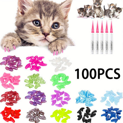 20/100pcs Vibrant Cat Nail Caps - Soft, Colorful, and Gentle Claws Covers with Easy-Apply Glue and Applicators for Safe and Stylish Pet Grooming