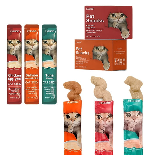 [Pet Pampering] Farmer's Delight Cat Treats - Chicken Egg Yolk, Salmon Krill, Tuna Mussel Flavors, 0.52oz Bags, 24/60pcs, Lickable & Squeezable, Nutritious Pet Snacks for Cats, Feline Rewards | Vibrant Packaging | Healthy Cat