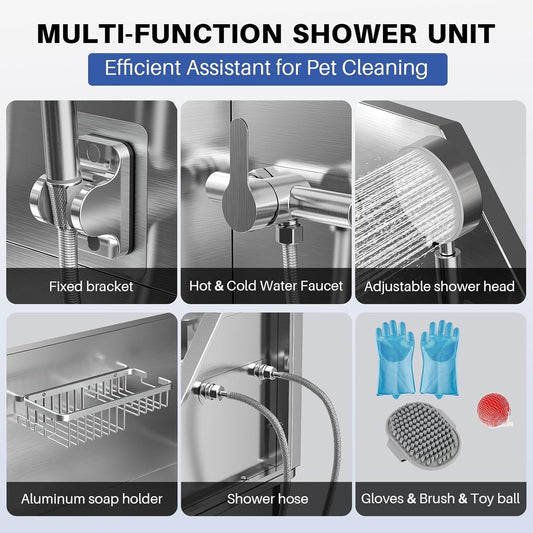 34" Stainless Steel Dog Washing Station with Sliding Door, Steps, Faucet & Sprayer – Easy-Access Bathtub for Small to Medium Pets, Max 110LB Capacity, Right Door Entry, Durable & Easy to Clean, Home Pet Care | Sliding Door