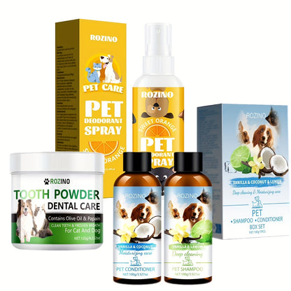 ROZINO 4pcs Pet Care Set: Natural Oral Health & Freshness - Deodorant Spray, Tooth Powder, Shampoo & Conditioner - Mild, Non-Irritating Plastic Material for Dogs & Cats