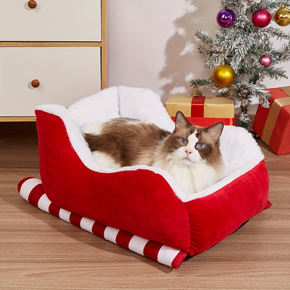 Christmas Sleigh Pet Bed - Red Velvet & Faux Fur, Breathable Soft Puppy & Kitten Bed with Santa Hat Design, Washable & Durable for Indoor/Outdoor Use - Perfect Holiday Gift for Dogs & Cats, Cat Lover Gifts