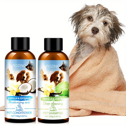 ROZINO 4pcs Pet Care Set: Natural Oral Health & Freshness - Deodorant Spray, Tooth Powder, Shampoo & Conditioner - Mild, Non-Irritating Plastic Material for Dogs & Cats