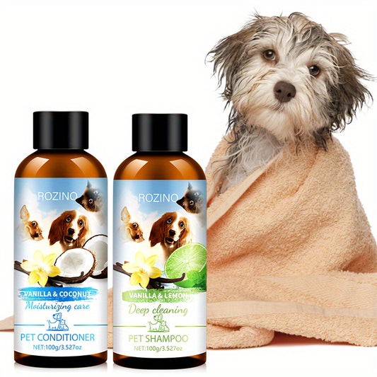 ROZINO 4pcs Pet Care Set: Natural Oral Health & Freshness - Deodorant Spray, Tooth Powder, Shampoo & Conditioner - Mild, Non-Irritating Plastic Material for Dogs & Cats