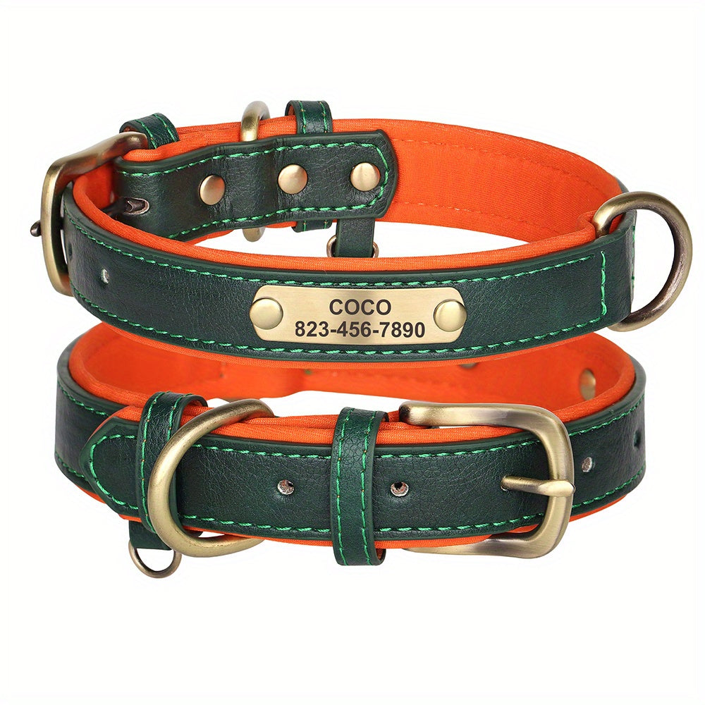 [Custom Dog Collar] Soft Padded Custom Engraved Dog Collar with ID Nameplate - Adjustable Pet Collars for Small to Large Dogs - Solid Pattern, Durable Material, Personalized