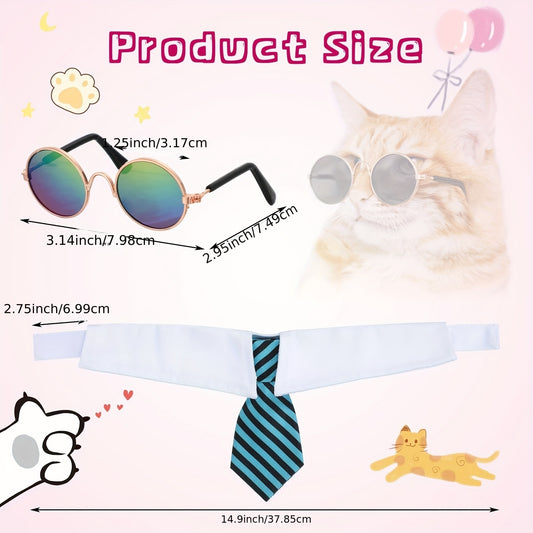 8 Pcs Pet Dog Cat Costume Dog Neck Tie And Dog Sunglasses For Small Dog Cat Round Metal Cat Classic Retro Sunglasses Cat Tie Pet Costume Tuxedo Necktie Collar Puppy Grooming Accessories Cosplay Party