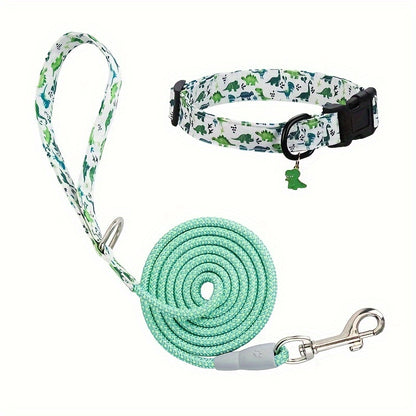 Dingke Dinosaur Print Dog Collar and Leash Set, Pet Supplies, Polyester Material, Comfortable Handle, Professional Climbing Rope, Rotatable Metal Hook, Protective Rubber Sleeve, Dog Walking Gear