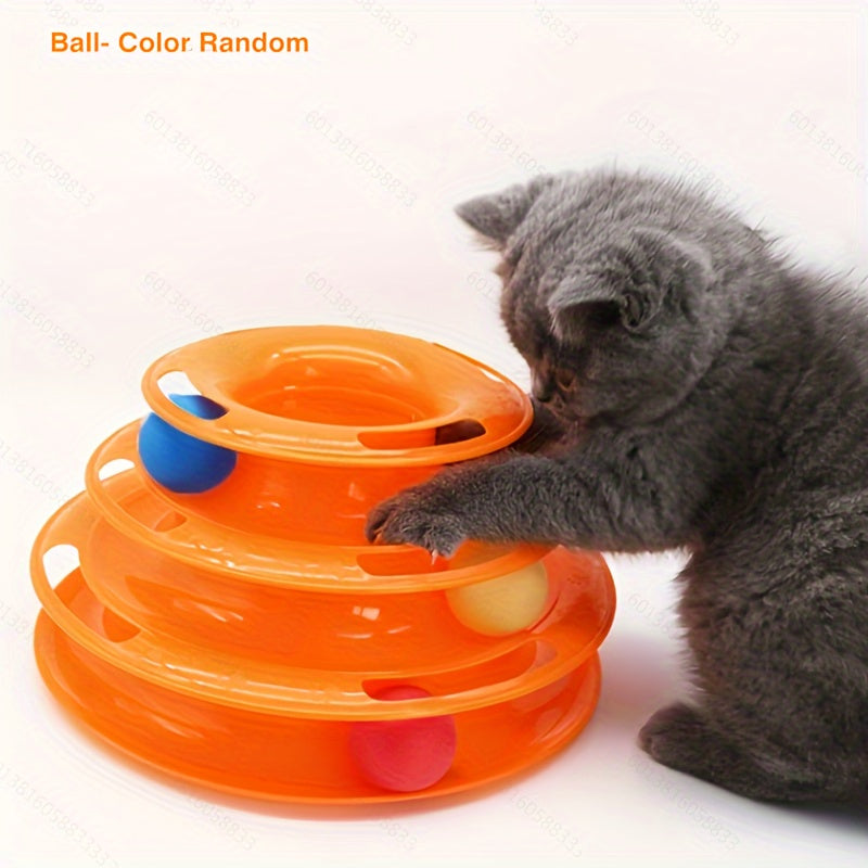 Interactive Cat Toy Tower with Rotating Balls - Durable Plastic Three-Level Track and Ball Play Structure, Entertaining and Stimulating Pet Activity Center, No Batteries Needed, Assorted Ball Colors