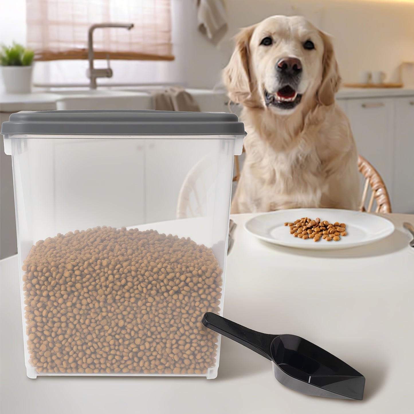 30LBS & 11LBS Large Pet Food Storage Bin with Locking Lid & 4-Wheel Mobility - Heavy-Duty Clear Square Container with Black Base, Spill-Proof Design for Dogs, Cats, Birds - Easy-Clean Durable Plastic Food Dispenser with 2 Cup