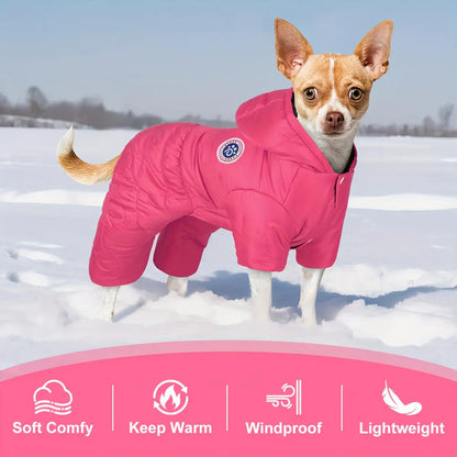 Windproof Thermal Winter Dog Onesie with Hood - Lightweight Warm Pet Suit for Small & Medium Dogs, Easy Snap Button Closure, Machine Washable Cold Weather Clothing for Chihuahuas, Pomeranians, Shih Tzus - Indoor/Outdoor Use,