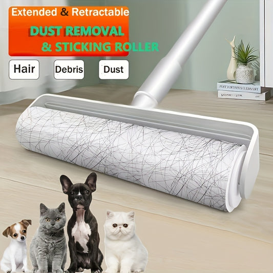 2-in-1 Long Handle Pet Hair Remover Roller - Reusable Lint Fur Roller for Dog, Cat, Carpet, Sofa, Bed, Floor - Easy to Clean, Self-Cleaning, Pet Hair Removal Tool