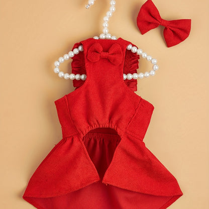 Adorable Red Corduroy Bowknot Dress for Small to Medium Dogs and Cats - All-Season Lightweight Pet Outfit with Matching Hair Clip, Perfect for Weddings, Christmas, and Special Occasions, Dog Dress