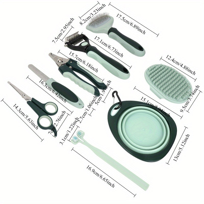 [8pcs Pet Grooming Kit] 8pcs LDECO Pet Grooming Kit for Dogs, Plastic Grooming Set, with Self-Cleaning Dematting Brush, Scissors, Comb, Nail Clippers, Foldable Bowl, Bath & Tooth Brushes, for Uncharged Pet Care Tools
