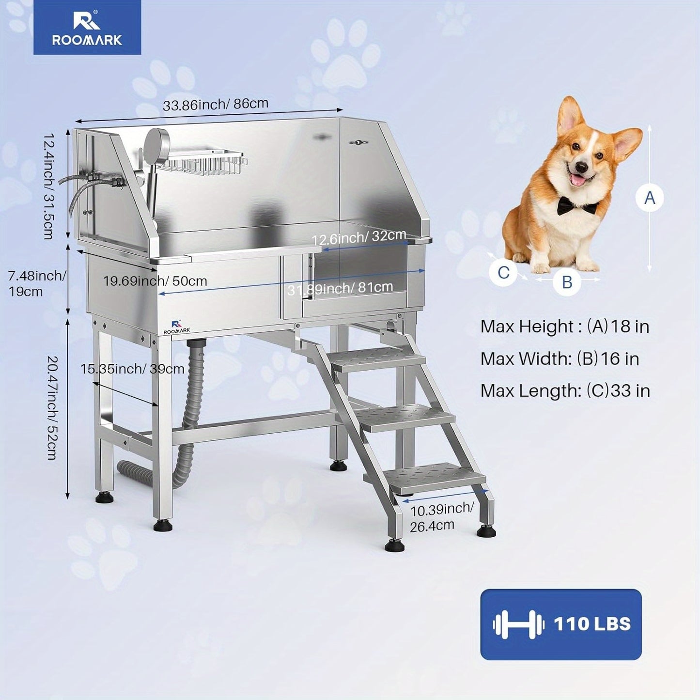 34" Stainless Steel Dog Washing Station with Sliding Door, Steps, Faucet & Sprayer – Easy-Access Bathtub for Small to Medium Pets, Max 110LB Capacity, Right Door Entry, Durable & Easy to Clean, Home Pet Care | Sliding Door
