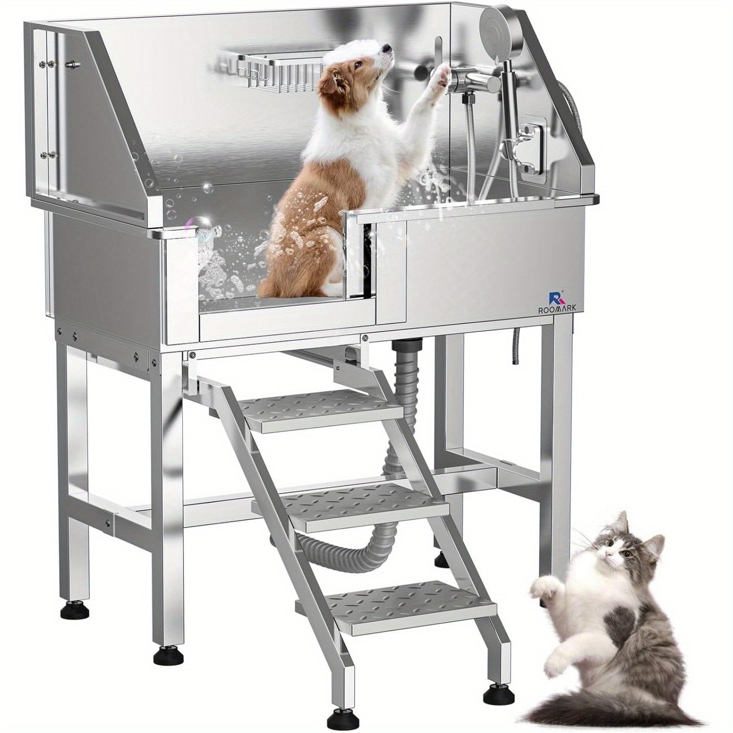 34" Stainless Steel Dog Washing Station with Sliding Door, Steps, Faucet & Sprayer – Easy-Access Bathtub for Small to Medium Pets, Max 110LB Capacity, Right Door Entry, Durable & Easy to Clean, Home Pet Care | Sliding Door