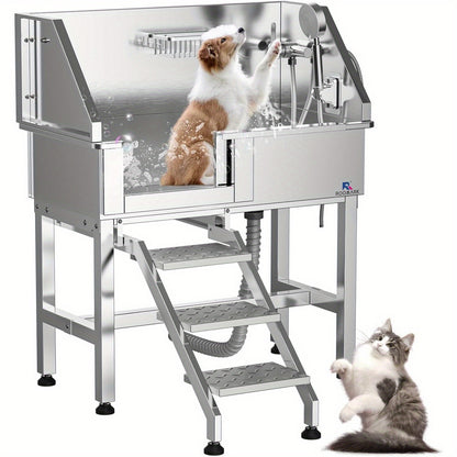 34" Stainless Steel Dog Washing Station with Sliding Door, Steps, Faucet & Sprayer – Easy-Access Bathtub for Small to Medium Pets, Max 110LB Capacity, Right Door Entry, Durable & Easy to Clean, Home Pet Care | Sliding Door