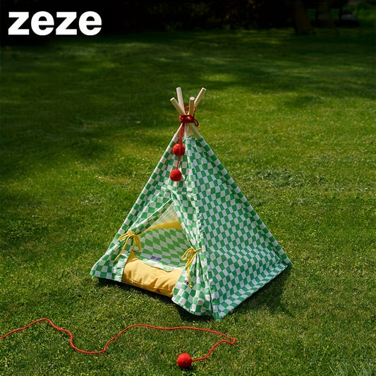 Zeze Cute Pet Tent Pet House Cat Nest Semi-closed Detachable Washable Mat Cat Bed Four Seasons Universal Cat Bed With Checkerboard Pattern