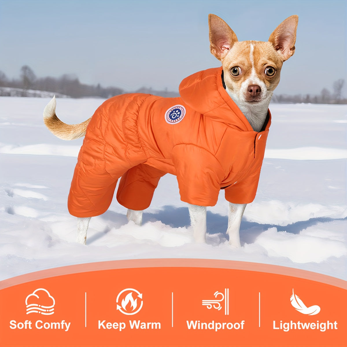 Windproof Thermal Winter Dog Onesie with Hood - Lightweight Warm Pet Suit for Small & Medium Dogs, Easy Snap Button Closure, Machine Washable Cold Weather Clothing for Chihuahuas, Pomeranians, Shih Tzus - Indoor/Outdoor Use,