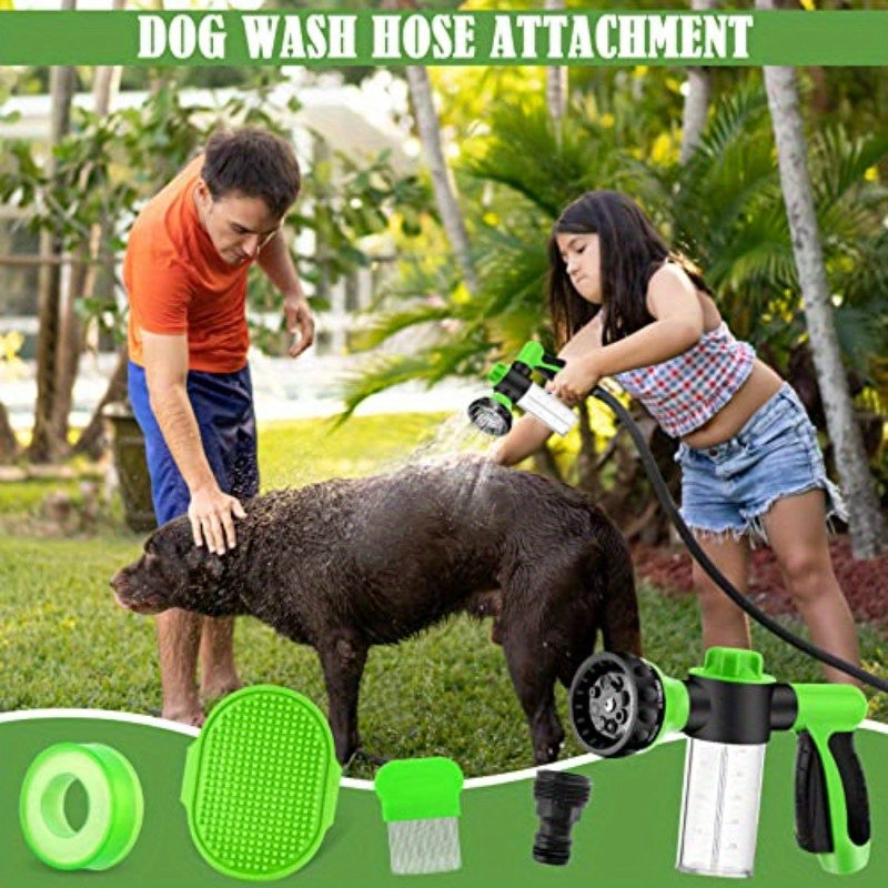 8in 1 Dog Wash Sprayer with Massa Brush & Pet Grooming Comb - 3/4 Inch Standard Garden Hose Nozzle, Silicone Durable Pet Bathing Tool for Dogs, Garden, Car Washing, Water Flowers, Ergonomic Handle, Comfortable Fit, Dog Washer