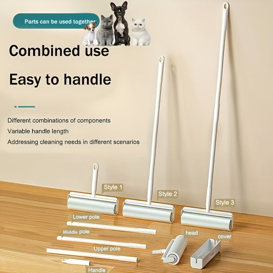 2-in-1 Long Handle Pet Hair Remover Roller - Reusable Lint Fur Roller for Dog, Cat, Carpet, Sofa, Bed, Floor - Easy to Clean, Self-Cleaning, Pet Hair Removal Tool
