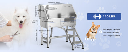 34" Stainless Steel Dog Washing Station with Sliding Door, Steps, Faucet & Sprayer – Easy-Access Bathtub for Small to Medium Pets, Max 110LB Capacity, Right Door Entry, Durable & Easy to Clean, Home Pet Care | Sliding Door
