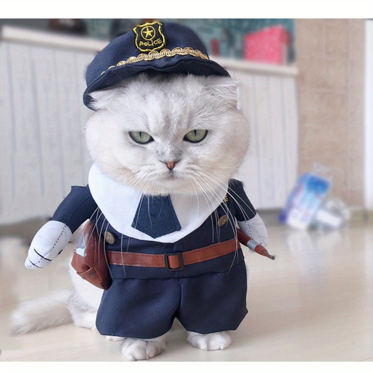 Adorable Small Breed Pet Policeman Costume - Polyester Knit Fabric, Cool Outfit with Hat for Christmas Halloween Party, Fun Cat Clothes for Small Dogs and Cats