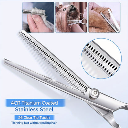 Professional Pet Grooming Scissors Set - Includes 1 x 6.5-inch Thinning Shears, 1 x 6.5-inch Curved Shears, 1 x 6.5-inch Straight Shears, 1 Pet Comb, 1 Cleaning Cloth, and 1 Black Case