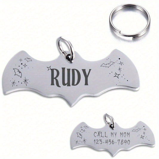 1pc Custom Engraved Bat-Shaped Pet ID Tag - Personalized Halloween-Themed Dog & Cat Nameplate, Stainless Steel Collar Pendant - Anti-Lost Keychain with Name & Contact Info - Vibrant Colors, Stylish Outdoor Accessory for Pets