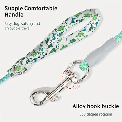 Dingke Dinosaur Print Dog Collar and Leash Set, Pet Supplies, Polyester Material, Comfortable Handle, Professional Climbing Rope, Rotatable Metal Hook, Protective Rubber Sleeve, Dog Walking Gear