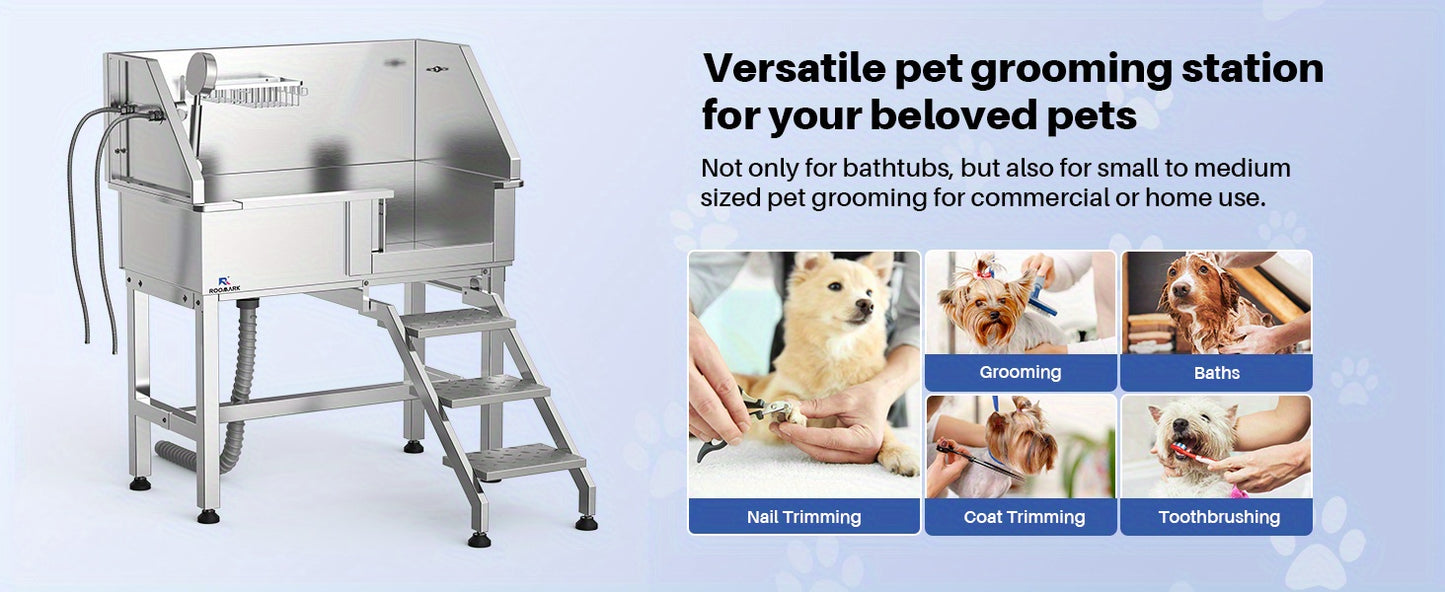 34" Stainless Steel Dog Washing Station with Sliding Door, Steps, Faucet & Sprayer – Easy-Access Bathtub for Small to Medium Pets, Max 110LB Capacity, Right Door Entry, Durable & Easy to Clean, Home Pet Care | Sliding Door