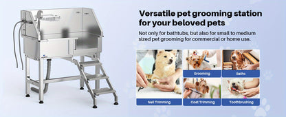 34" Stainless Steel Dog Washing Station with Sliding Door, Steps, Faucet & Sprayer – Easy-Access Bathtub for Small to Medium Pets, Max 110LB Capacity, Right Door Entry, Durable & Easy to Clean, Home Pet Care | Sliding Door