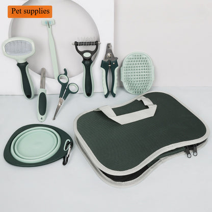 [8pcs Pet Grooming Kit] 8pcs LDECO Pet Grooming Kit for Dogs, Plastic Grooming Set, with Self-Cleaning Dematting Brush, Scissors, Comb, Nail Clippers, Foldable Bowl, Bath & Tooth Brushes, for Uncharged Pet Care Tools