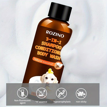 ROZINO Coconut Essence 3-in-1 Pet Shampoo & Conditioner Body Wash - Gentle Cleansing, Soothing Skin Care for Dogs and Cats, Natural Formula with Coconut Milk Extract, Safe for All Breeds, Pet Grooming Essentials | Coconut Sce