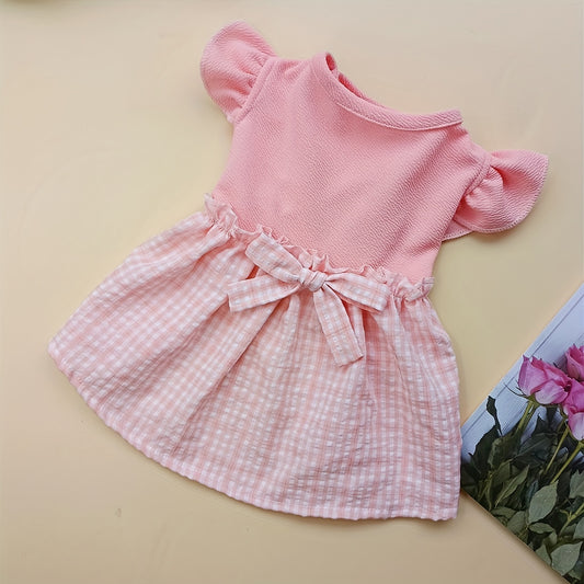 1pc Adorable Dog Pastoral Plaid Dress with Bow Bud & Flying Sleeves - Fashion Pet Skirt for Cats and Dogs - All Seasons Comfortable Clothing