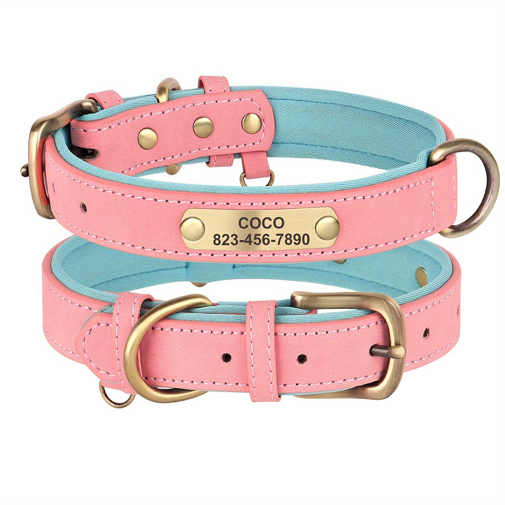 [Custom Dog Collar] Soft Padded Custom Engraved Dog Collar with ID Nameplate - Adjustable Pet Collars for Small to Large Dogs - Solid Pattern, Durable Material, Personalized