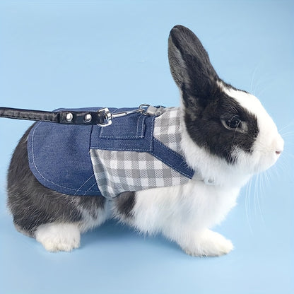 Durable Canvas Plaid Denim 1pc Rabbit Harness with Leash - Perfect for Dwarf Rabbits & Young Guinea Pigs - Stylish Pet Traction Rope Accessory