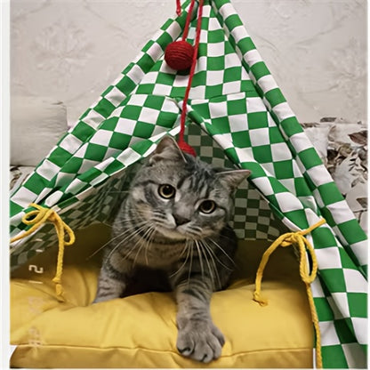 Zeze Cute Pet Tent Pet House Cat Nest Semi-closed Detachable Washable Mat Cat Bed Four Seasons Universal Cat Bed With Checkerboard Pattern